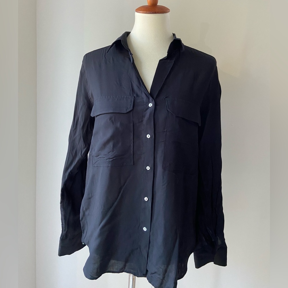 Classic black Zara blouse with button front and patch pockets